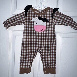 Marie Nicole Clothing Gingham Cow Face Romper Size 0-3 Months